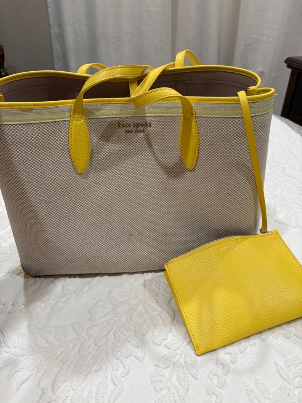 kate spade Neutral Canvas Tote with Yellow Trim and Matching Pouch